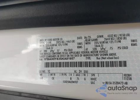 2025 Ford Transit-350 Passenger Van Xlt from USA, damaged, VIN 1FBAX9Y83SKA81957